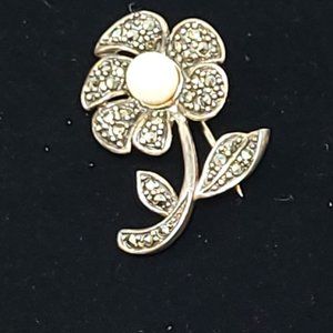 Gorgeous Sterling Silver .925 Antique Flower Brooch Rhinestone Petals Pin 6367